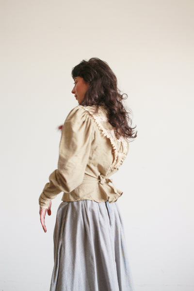 1980s Cotton Sage Gingham Victorian Top