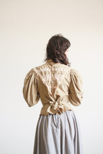 1980s Cotton Sage Gingham Victorian Top
