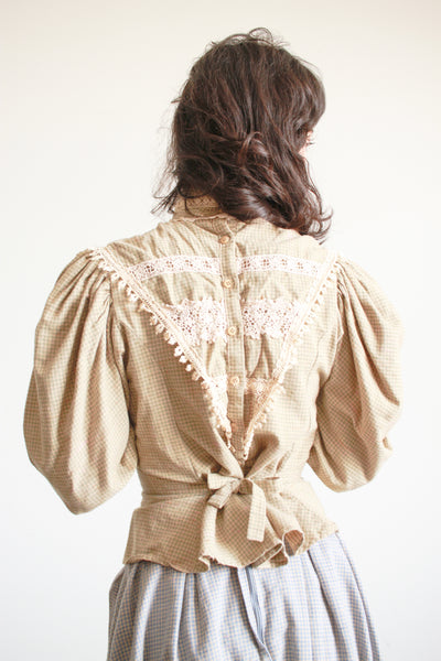 1980s Cotton Sage Gingham Victorian Top