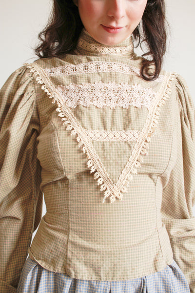 1980s Cotton Sage Gingham Victorian Top