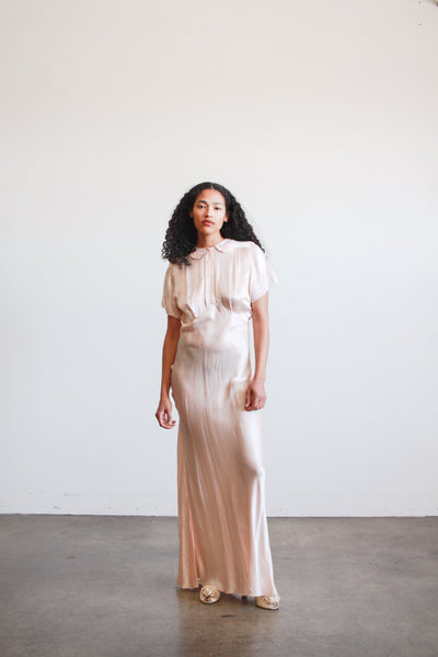 1940s Ballet Pink Rayon Bias Collared Night Gown