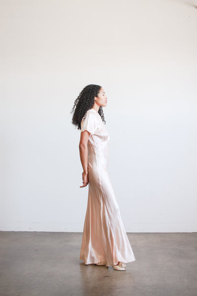 1940s Ballet Pink Rayon Bias Collared Night Gown