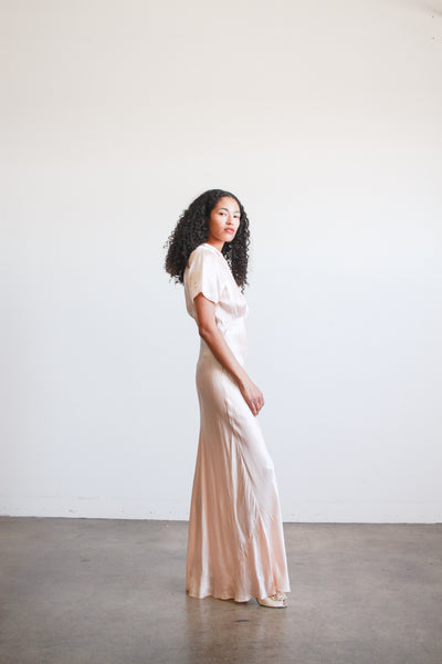 1940s Ballet Pink Rayon Bias Collared Night Gown