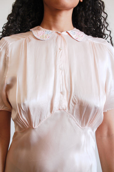 1940s Ballet Pink Rayon Bias Collared Night Gown