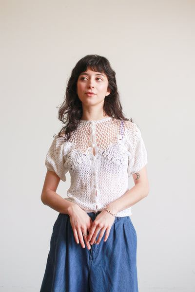 1980s White Crochet Short Sleeve Sweater