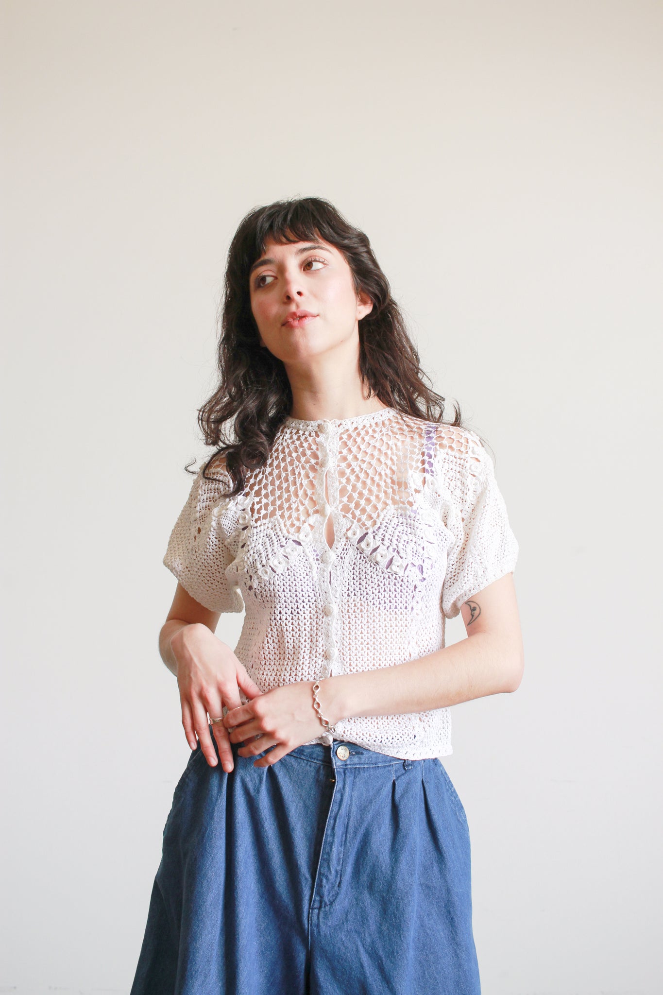 1980s White Crochet Short Sleeve Sweater