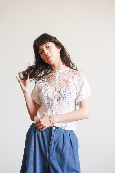 1980s White Crochet Short Sleeve Sweater