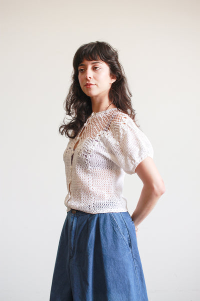 1980s White Crochet Short Sleeve Sweater