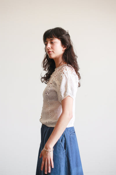 1980s White Crochet Short Sleeve Sweater