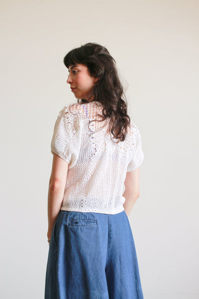1980s White Crochet Short Sleeve Sweater