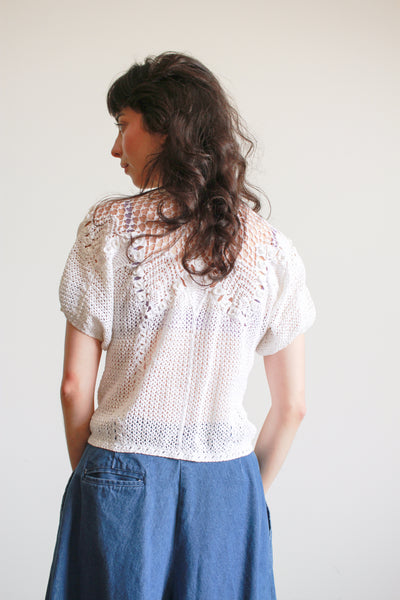 1980s White Crochet Short Sleeve Sweater