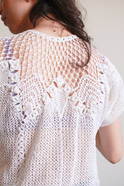 1980s White Crochet Short Sleeve Sweater