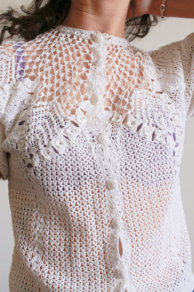 1980s White Crochet Short Sleeve Sweater