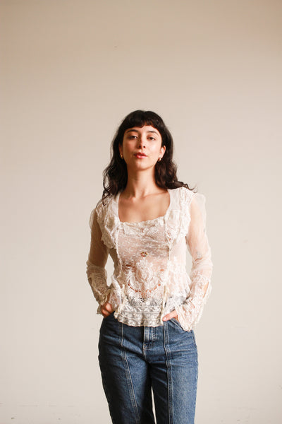 1950s Mixed Lace White Ruffled Blouse