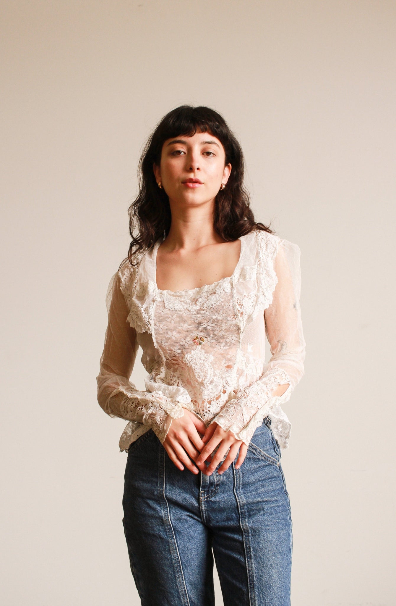 1950s Mixed Lace White Ruffled Blouse