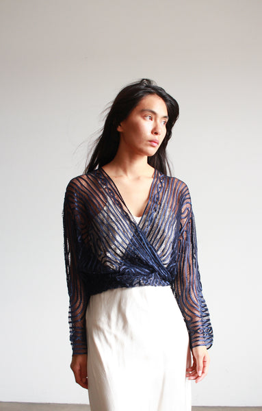 1980s Midnight Tape Lace Wrap Blouse