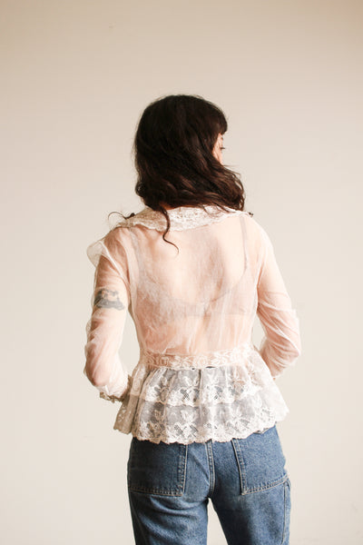 1950s Mixed Lace White Ruffled Blouse