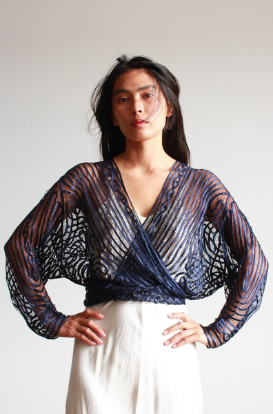 1980s Midnight Tape Lace Wrap Blouse