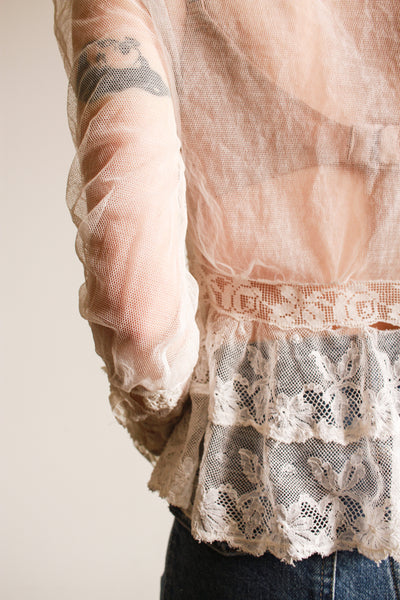 1950s Mixed Lace White Ruffled Blouse