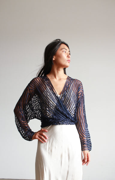 1980s Midnight Tape Lace Wrap Blouse