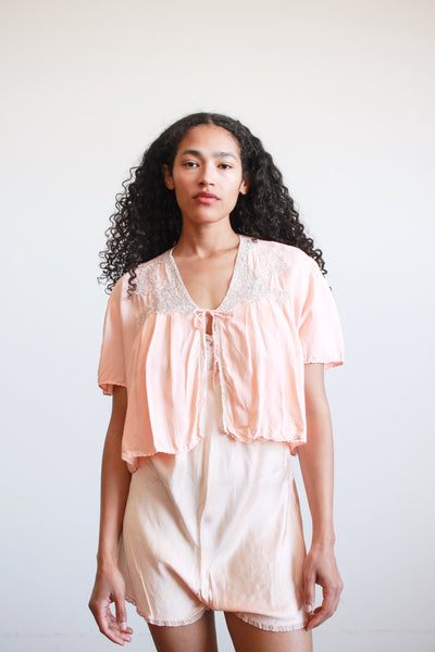 1930s Blush Rayon Lace Bed Jacket