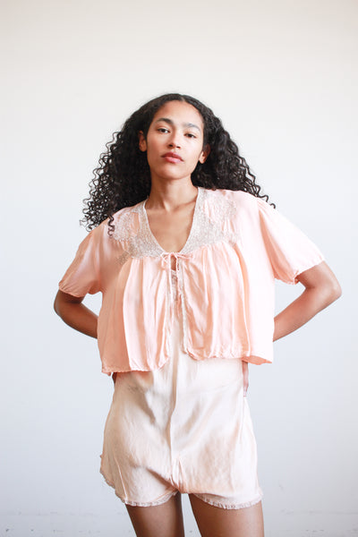 1930s Blush Rayon Lace Bed Jacket