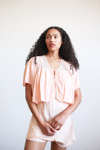 1930s Blush Rayon Lace Bed Jacket