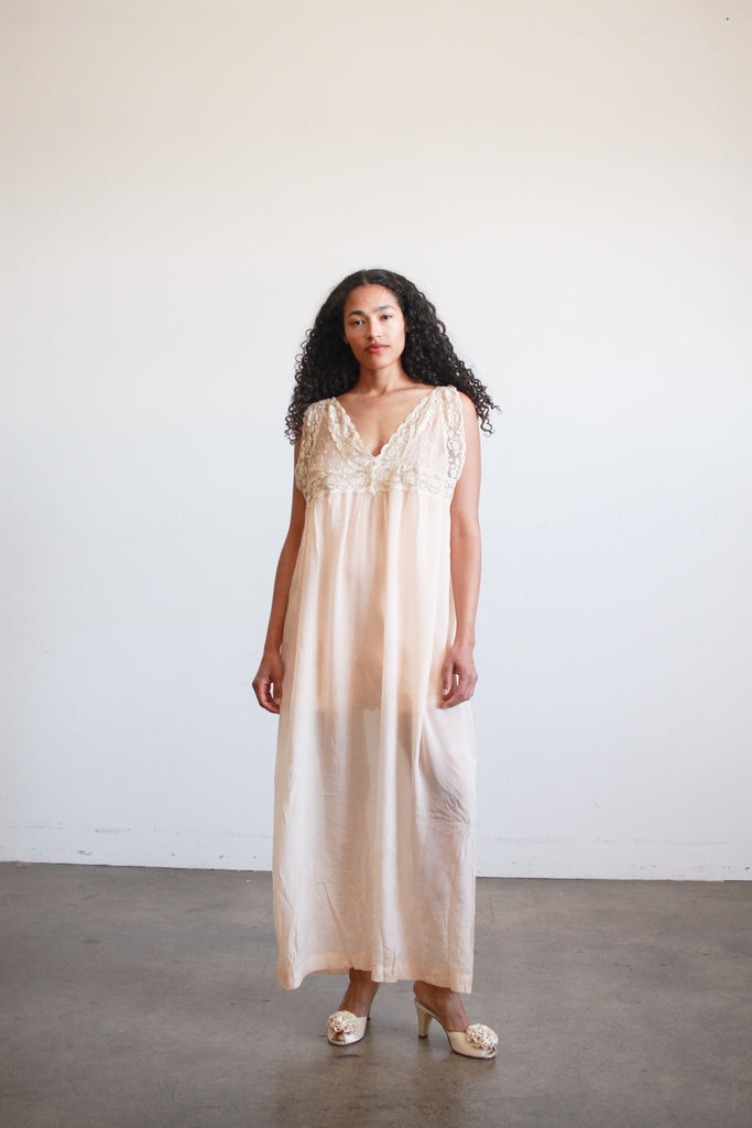 1920s Peach Silk Chiffon Lace Slip Dress