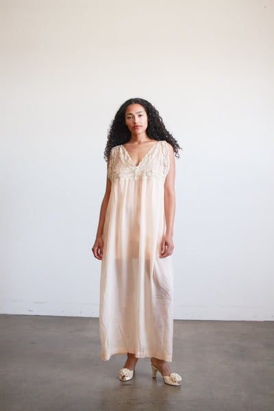 1920s Peach Silk Chiffon Lace Slip Dress