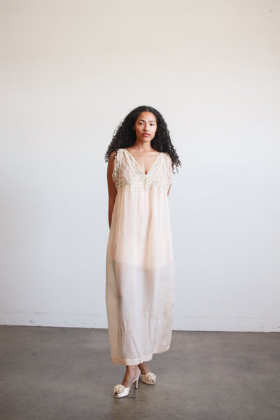 1920s Peach Silk Chiffon Lace Slip Dress