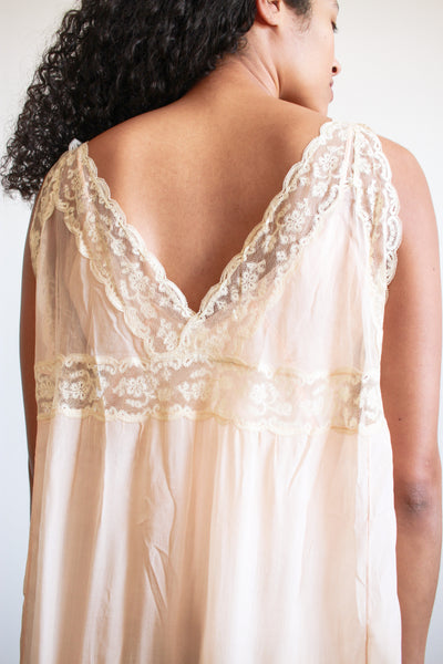 1920s Peach Silk Chiffon Lace Slip Dress