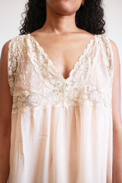 1920s Peach Silk Chiffon Lace Slip Dress