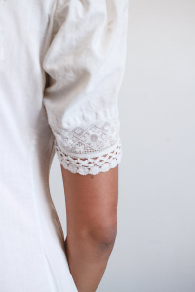 1950s Cotton Cream Puff Sleeve Buttoned Dress