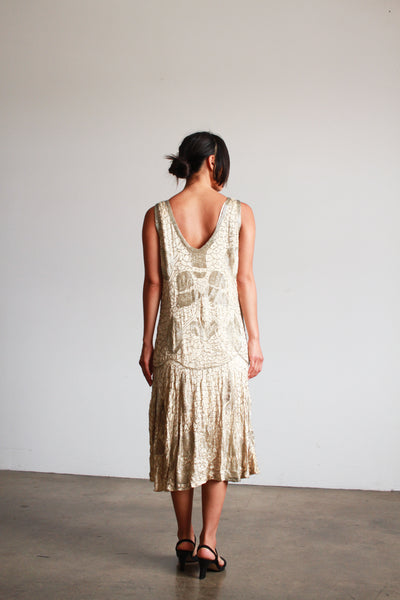 1920s Silver Satin Beaded Flapper Dress