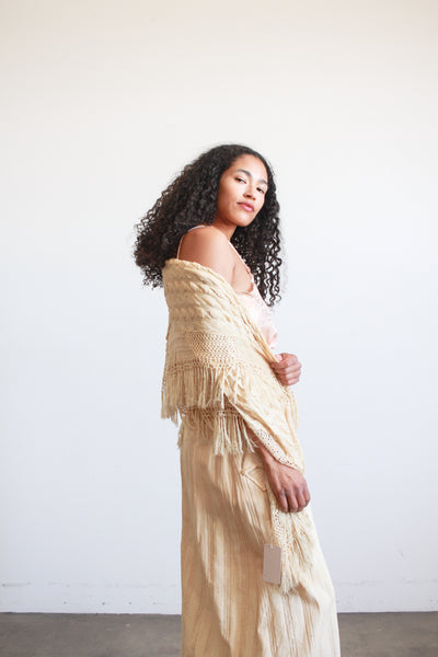 Antique Beige Handloomed Fringe Shawl