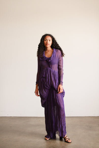 1930s Violet Silk Chiffon Plissé Gown