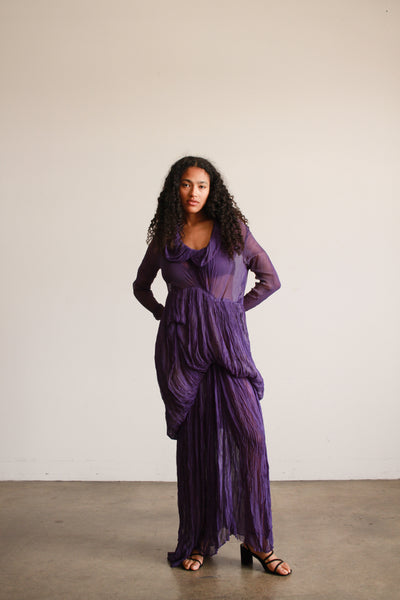 1930s Violet Silk Chiffon Plissé Gown