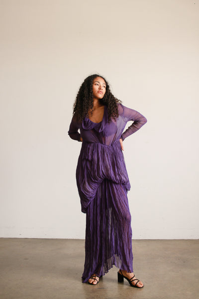 1930s Violet Silk Chiffon Plissé Gown