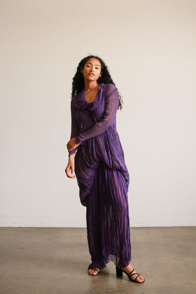 1930s Violet Silk Chiffon Plissé Gown