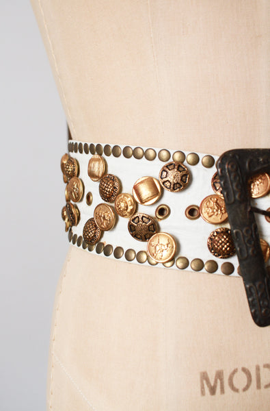 1960s White Leather Button Motif Studded Wide Belt