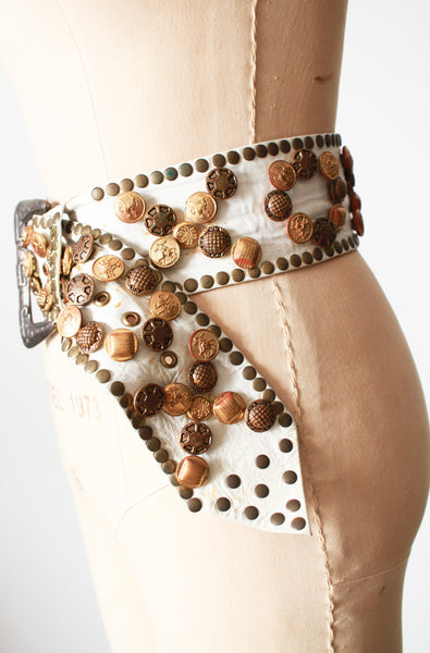 1960s White Leather Button Motif Studded Wide Belt