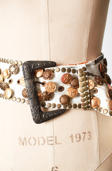 1960s White Leather Button Motif Studded Wide Belt