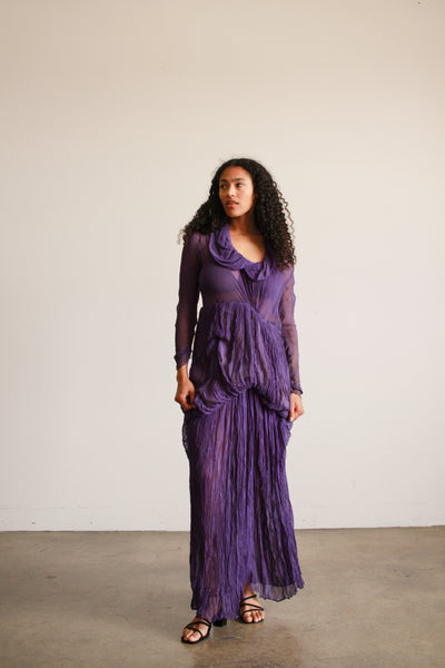 1930s Violet Silk Chiffon Plissé Gown