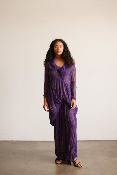 1930s Violet Silk Chiffon Plissé Gown