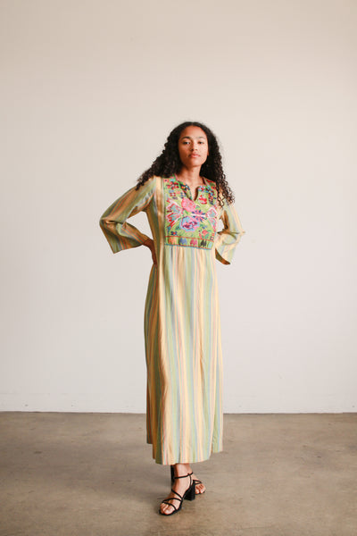 1960s Cotton Striped Embroidered Kaftan