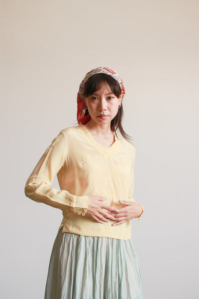 1940s Yellow Silk Embossed Embroidered Blouse