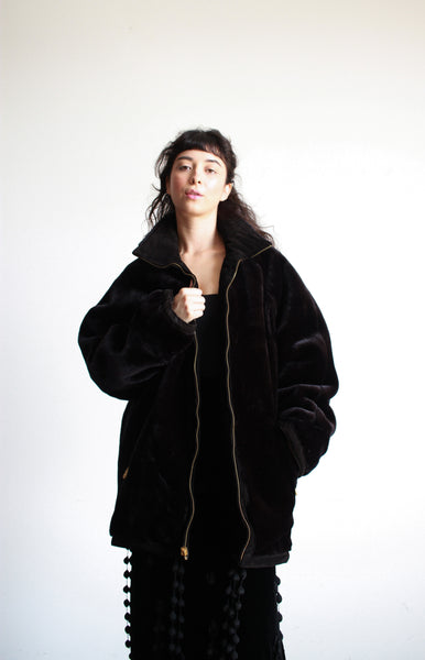 1980s Black Suede Teddy Reversible Oversized Coat