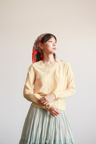 1940s Yellow Silk Embossed Embroidered Blouse
