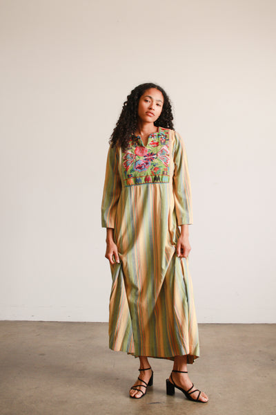 1960s Cotton Striped Embroidered Kaftan