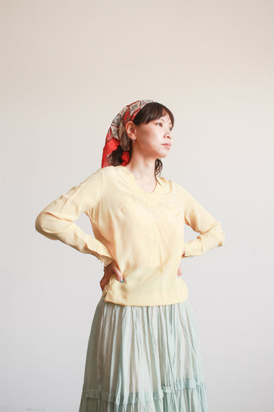 1940s Yellow Silk Embossed Embroidered Blouse